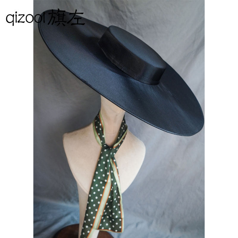 旗左 53cm超大平顶礼帽法式缎面亮面走秀造型帽子黑