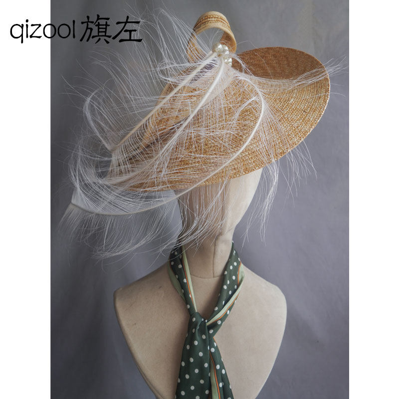 旗左 复古优雅法式新娘妆造摄影草编礼帽重工烧丝羽毛发饰帽