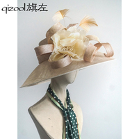 旗左 英式貴族大帽檐麻紗禮帽真絲大花朵優(yōu)雅正裝馬會(huì)遮陽帽米色