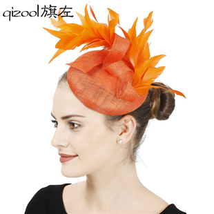 旗左 欧美风夸张羽毛小礼帽高档四层麻纱帽子宴会走秀头饰帽橙色