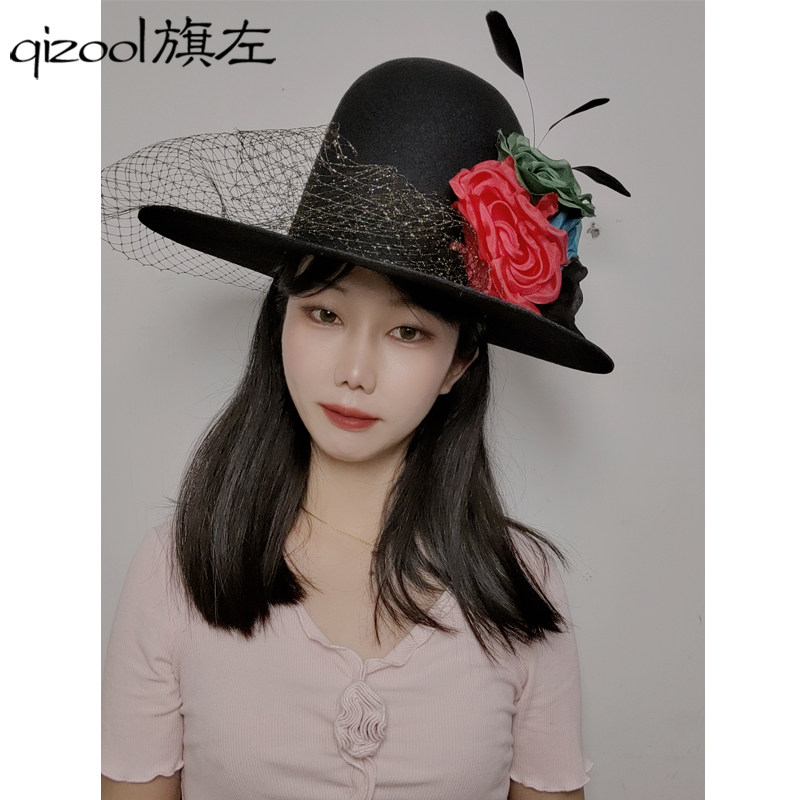 旗左 复古优雅赫本风立体撞色真丝玫瑰花朵网纱造型黑色高顶礼帽