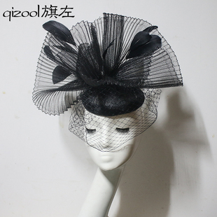 旗左 欧美风夸张网纱羽毛麻纱小礼帽折皱网夸张演出走秀头饰