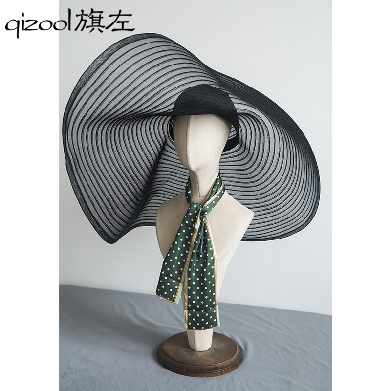 旗左 欧美风超大帽檐优雅半透马尾编织沙滩帽摄影凹造型帽子黑色