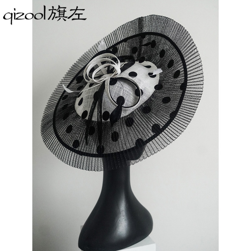 旗左 英式简约优雅网纱大波点大帽檐菲律宾麻纱礼帽晚装礼服头饰