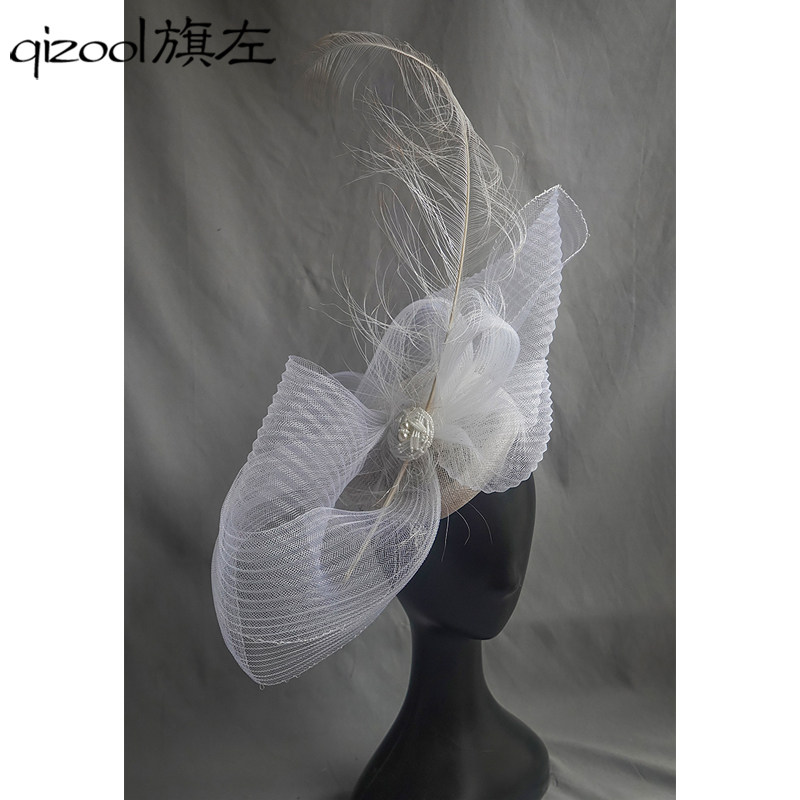 旗左 英式正装礼服小礼帽西式新娘婚纱礼服不规则网纱羽毛头饰