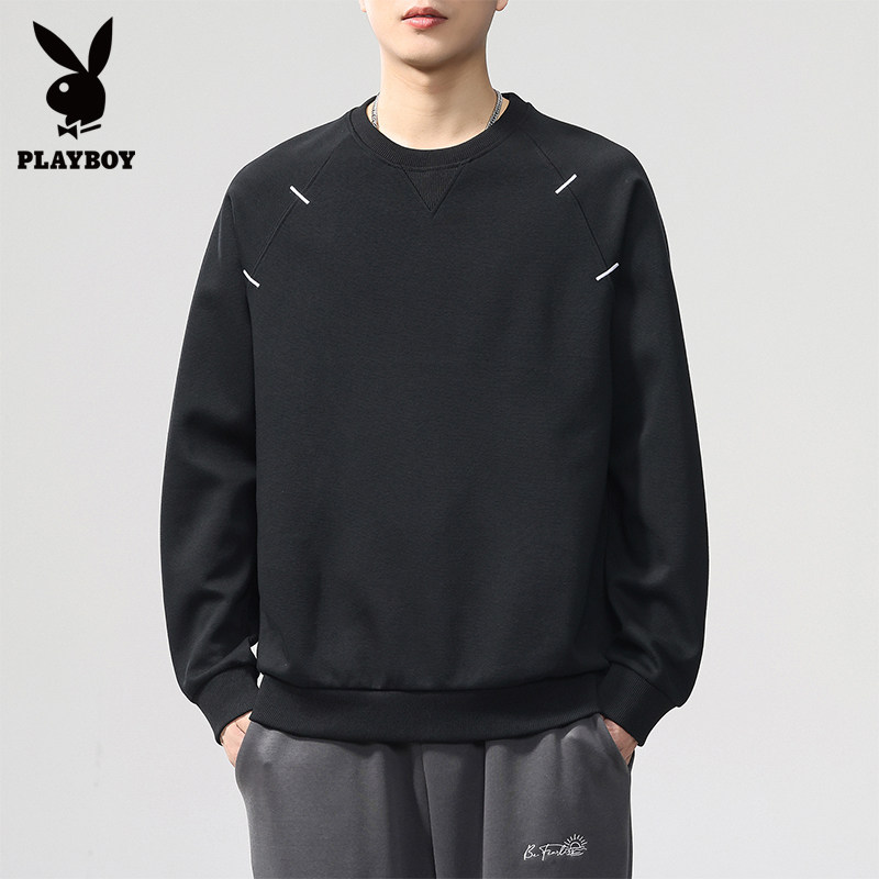 花花公子黑色简约无帽卫衣男生2025秋冬新款刺绣百搭上衣宽松长袖