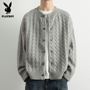 花花公子老钱风灰色麻花开衫毛衣男士2025秋季新款肌理感宽松外套