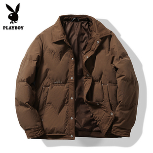 花花公子咖色白鸭绒羽绒服男士保暖上衣2025新款干练加厚立领外套