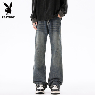 花花公子美式复古牛仔裤男2025秋季新款做旧水洗高街直筒阔腿长裤