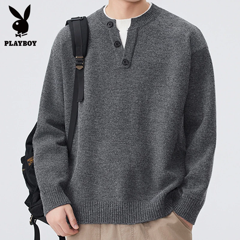 花花公子秋冬灰色毛衣假两件针织衫男士2025休闲圆领长袖套头上衣