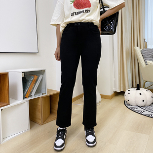 大码女装黑色直筒牛仔女春季新款松紧高腰弹力显瘦烟管裤胖mm女裤
