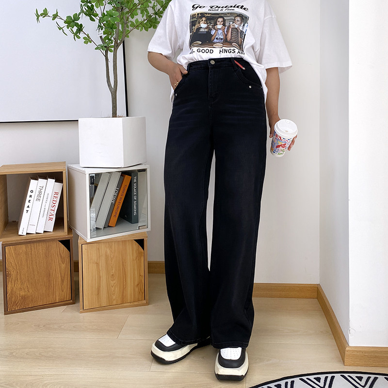 大码窄版直筒阔腿裤女春季宽松显高拖地裤显瘦牛仔裤胖mm黑色裤子