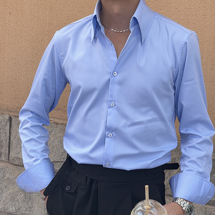长尖暗扣领长袖天蓝色男士帅衬衫
