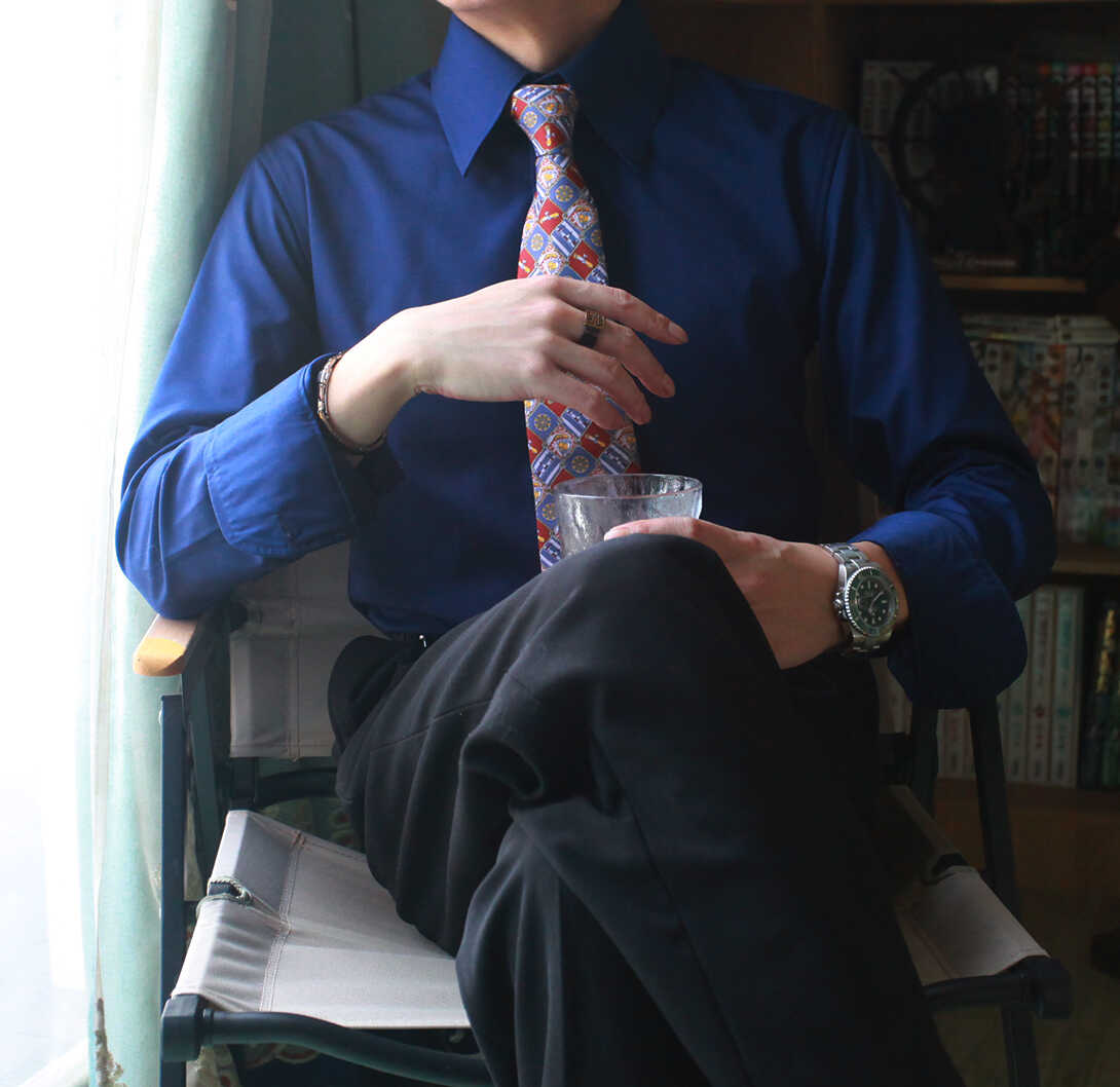 法式大尖宽角暗扣领深蓝色男衬衫