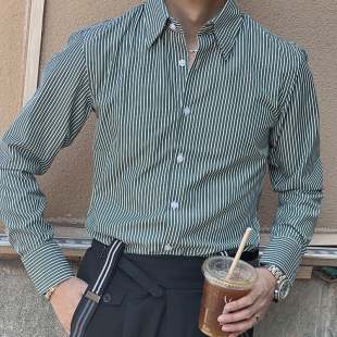 意式长尖暗扣领绿色条纹衬衫 高级感职业经理明星同款长袖男衬衣