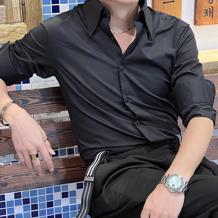 高宽领暗扣领长袖纯黑色绅士衬衫