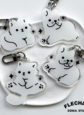 Sonia原创设计情侣款钥匙扣猫咪法斗双面亚克力挂件简约包包挂饰