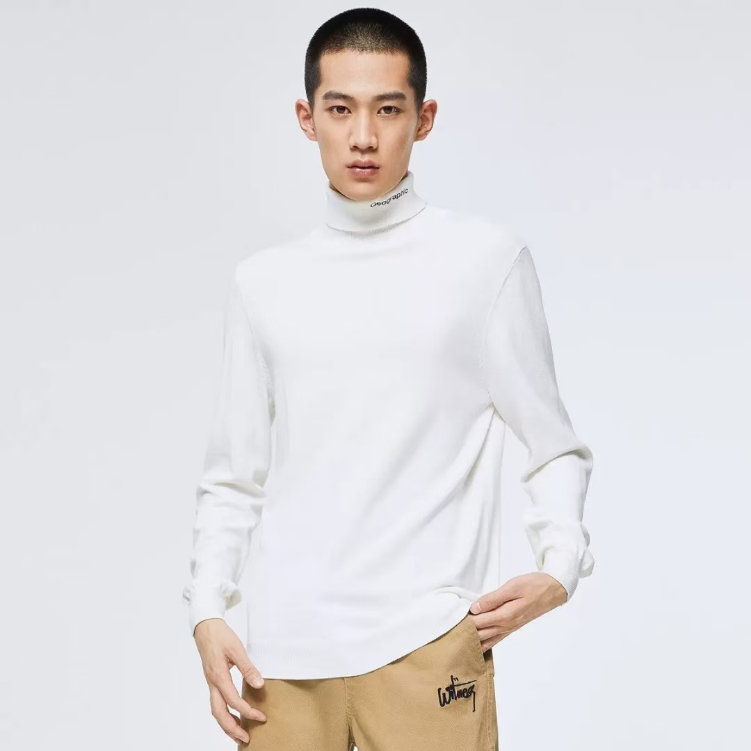 商场撤柜男秋冬高领针织衫纯棉纱线亲肤柔软纯白色翻领线衫打底衫