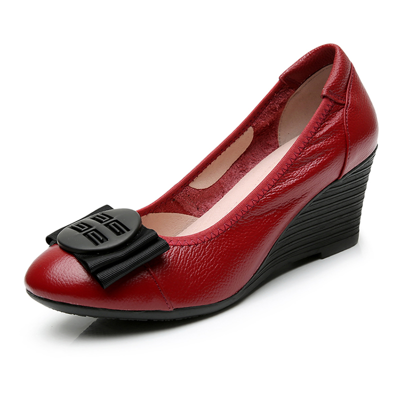 正品真皮女士高跟鞋坡跟单鞋34码