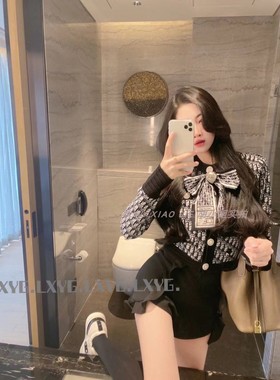 LXYG小香风蝴蝶结镶钻胸针针织开衫女修身显瘦洋气毛衣外套上衣秋