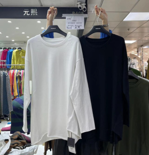 女秋冬中长款 T恤女宽松磨毛加厚纯棉开叉打底衫 熙7154白色长袖 元