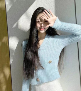 LXYG小香風(fēng)仿水貂毛修身 針織開衫 女內(nèi)搭2023秋冬新款 毛衣外套 短款