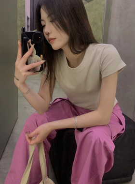 YUAN XI元熙8073白色圆领正肩短袖T恤女2025春夏新款修身短款上衣