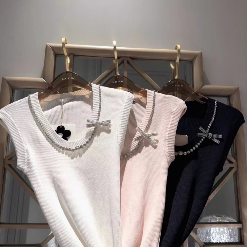 白色重工水钻U领无袖冰丝针织背心女LXYG2024夏新款修身显瘦上衣