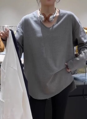 元熙A8053锁骨爆款大版型白色磨毛加厚中长款T恤女内搭打底衫秋冬