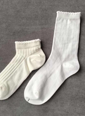 夏季女无骨薄款棉袜镂空网眼透气白色花边中筒短袜JK洛丽塔堆堆袜