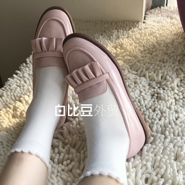 JK制服袜泡泡口花边精梳棉平板女袜日系学生软妹奶白黄黑中筒短袜