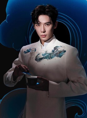 王安宇明星同款新中式立领西服男高级感重工艺渐变刺绣白色西服潮