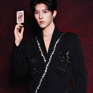 明星同款黑色重工烫钻链珠西装男高级感舞台宴会演出痞帅西服套装