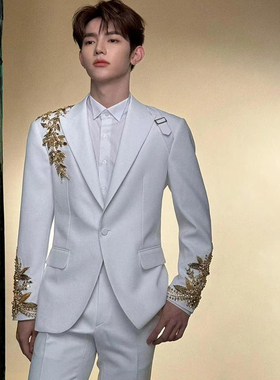 章昊明星同款男士白色重工艺植物刺绣西服高端商务休闲西装外套潮