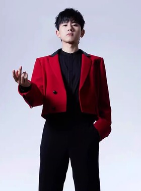 张杰明星同款红色短款拼皮领西装男高级感设计感宴会演出舞台西服