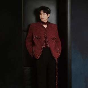 饰贵气感西服外套 外套男钉珠装 陈楚生明星同款 小香风红色钻花西装