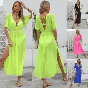 透视网纱收腰开叉深连衣裙比基尼罩衫 欧美女装 比基尼罩衫 泳衣罩衫