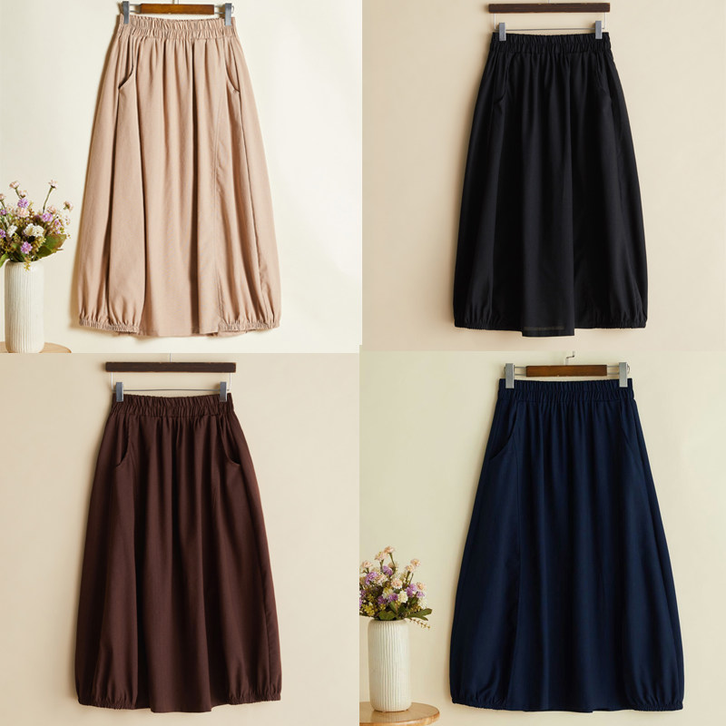 显瘦修身a字灯笼裙春夏季女打底长裙棉麻净色半身裙有口袋花苞裙