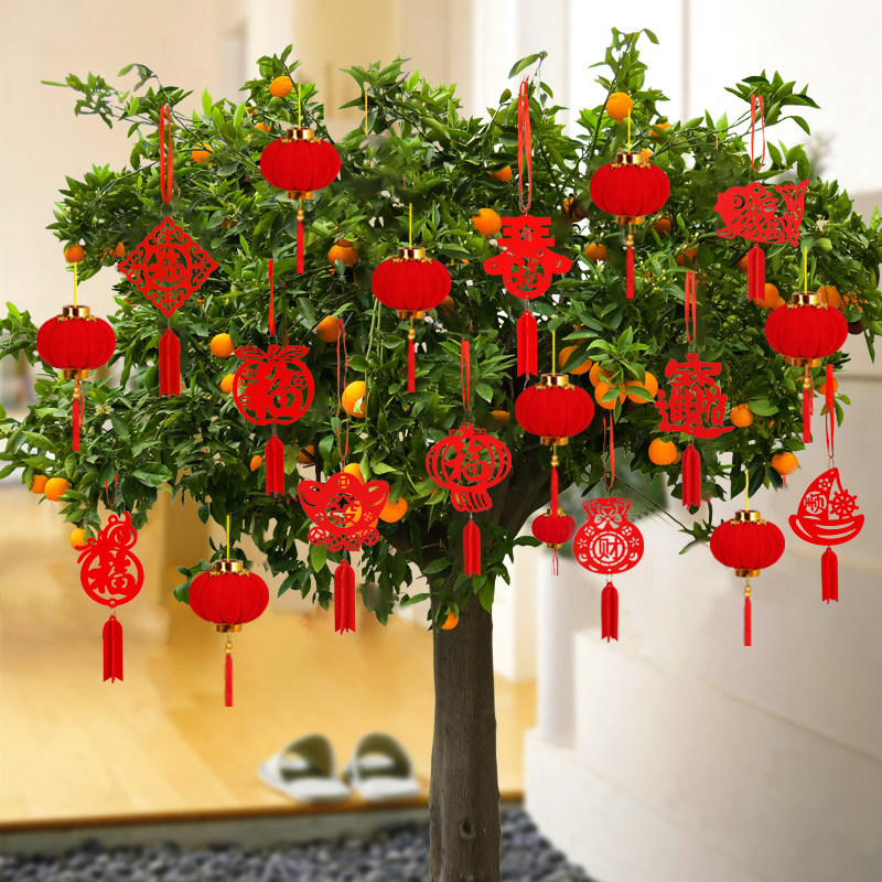 春节植绒小红灯笼挂饰场景布置室内外树上装饰新年喜庆盆景小挂件