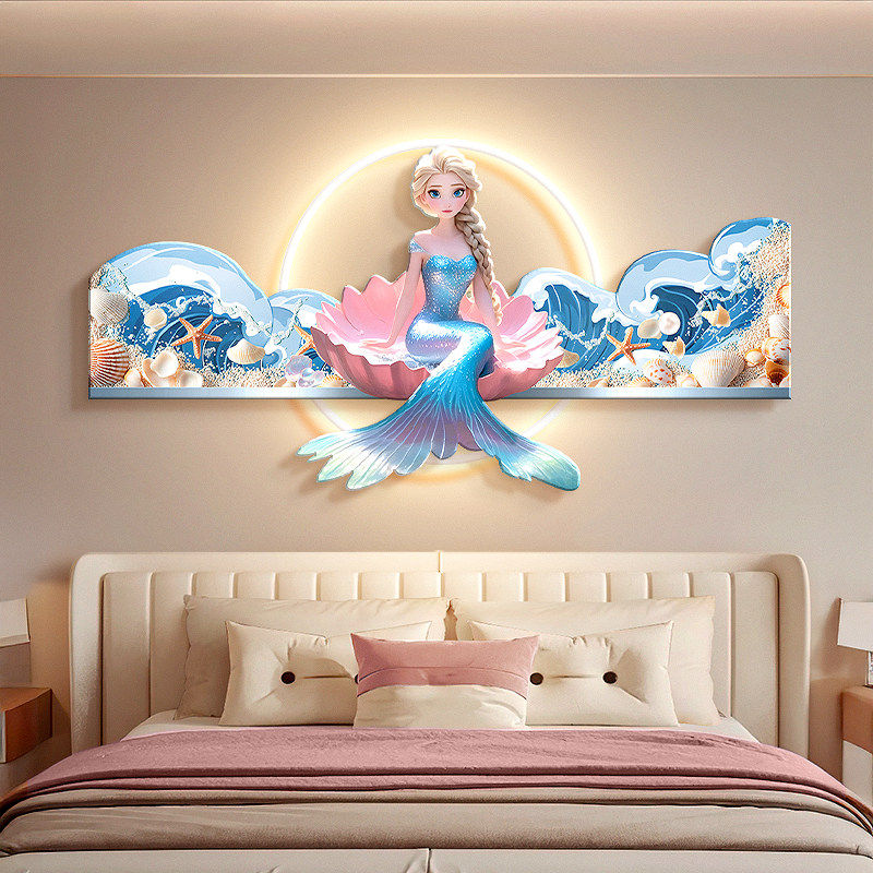 卡通公主房卧室挂画海浪背景墙带灯壁画美人鱼儿童房间床头装饰画