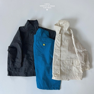 现货GOU韩国童装26春款男童女童休闲宽松时髦大口袋翻领风衣外套