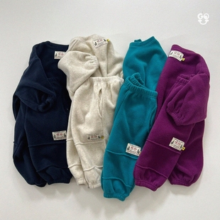 现货GOU韩国童装25冬季男女童摇粒绒中大童毛绒休闲运动卫衣套装