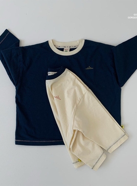 现货GOU韩国童装25秋季男女童纯棉长袖T恤时髦撞色圆领亲子款上衣