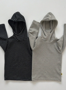 现货GOU韩国童装25冬季男女童加厚长袖条纹连帽保暖德绒打底衫T恤