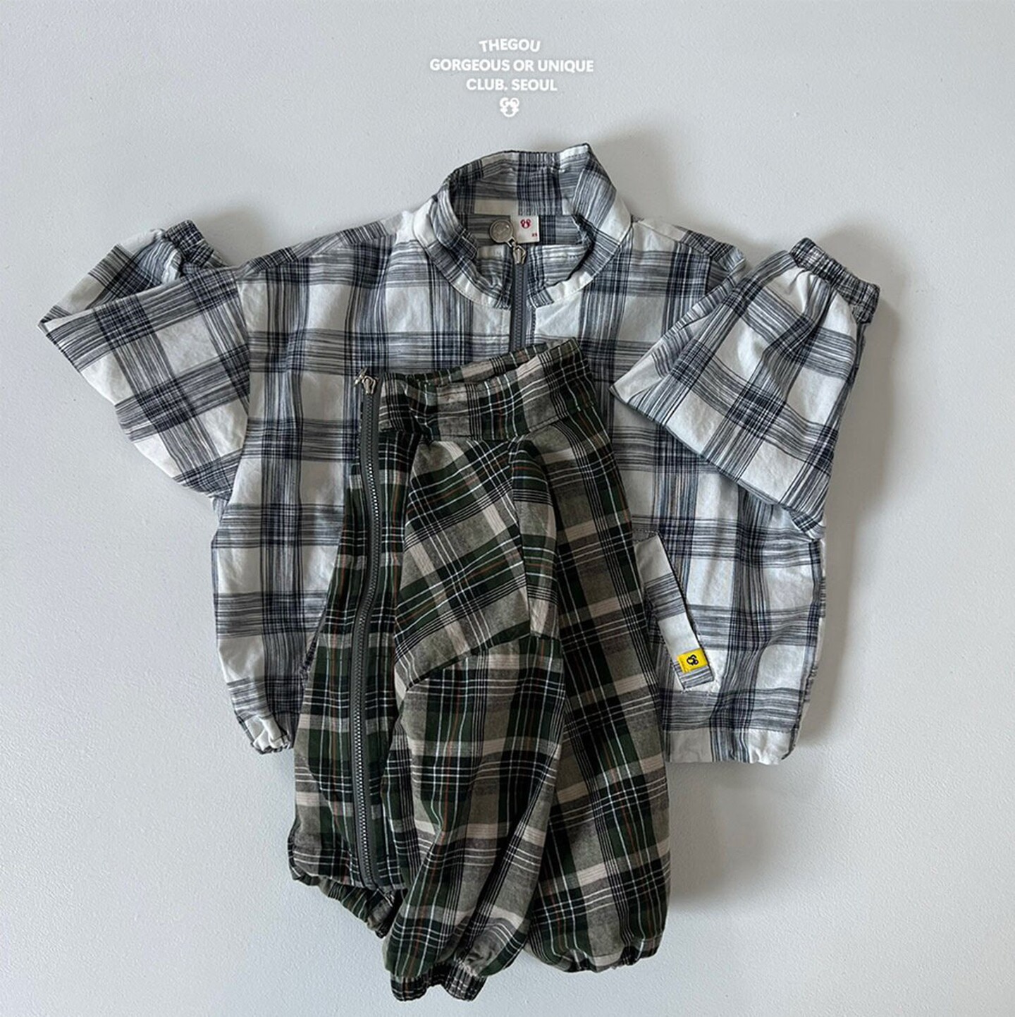 现货GOU韩国童装26春季男女童百搭休闲纯棉薄款夹克格子拉链外套