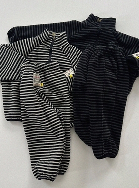 现货GOU韩国童装25冬男女童休闲条纹加厚毛绒卫衣中大童运动套装