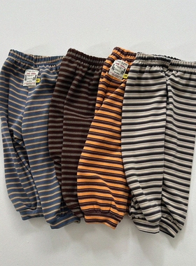 现货GOU韩国童装25冬季男女童百搭休闲条纹毛绒卫裤柔软收口长裤