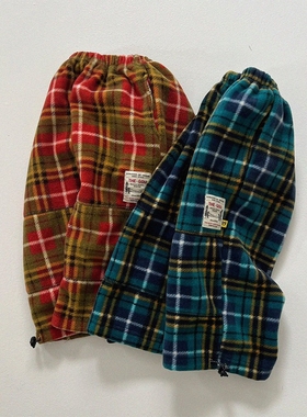 现货GOU韩国童装25冬男童女童休闲复古保暖格纹毛绒宽松长裤卫裤