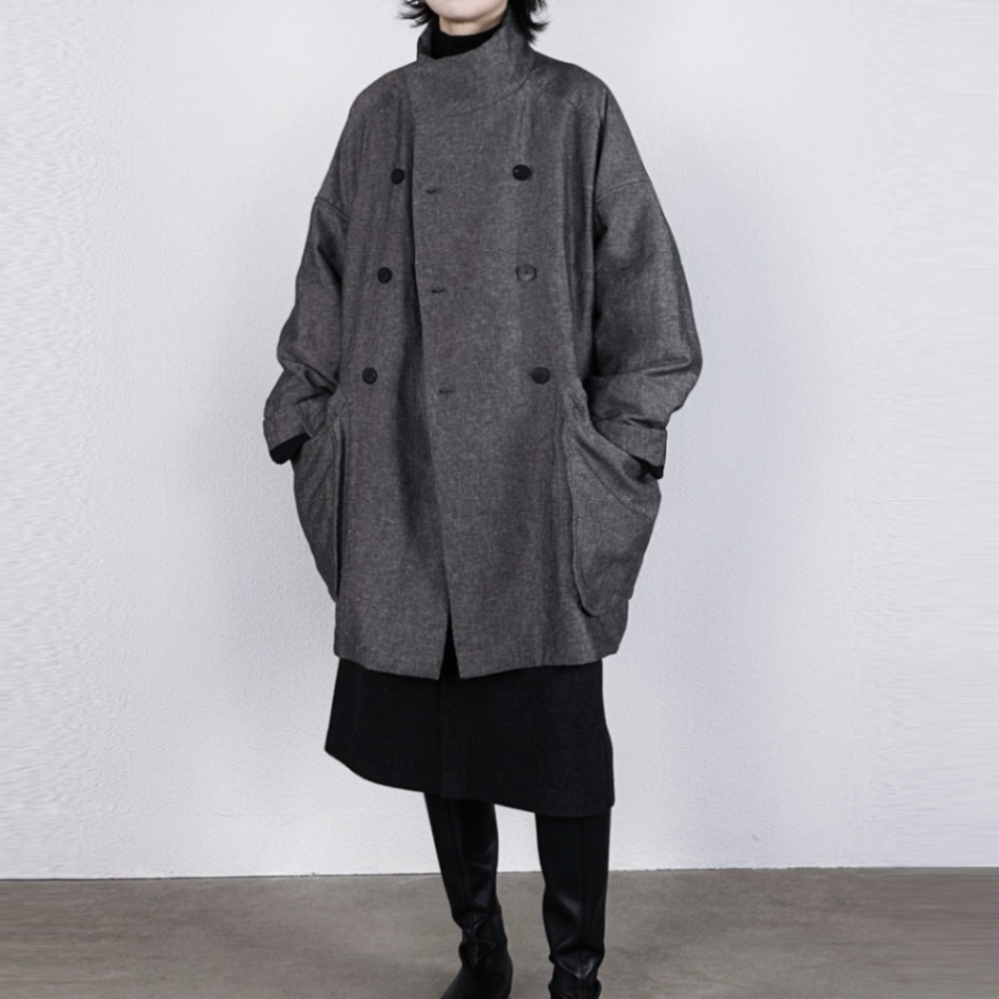 尢系UXI老钱风立领双排扣毛呢大衣女中长款百搭显瘦风衣夹棉外套