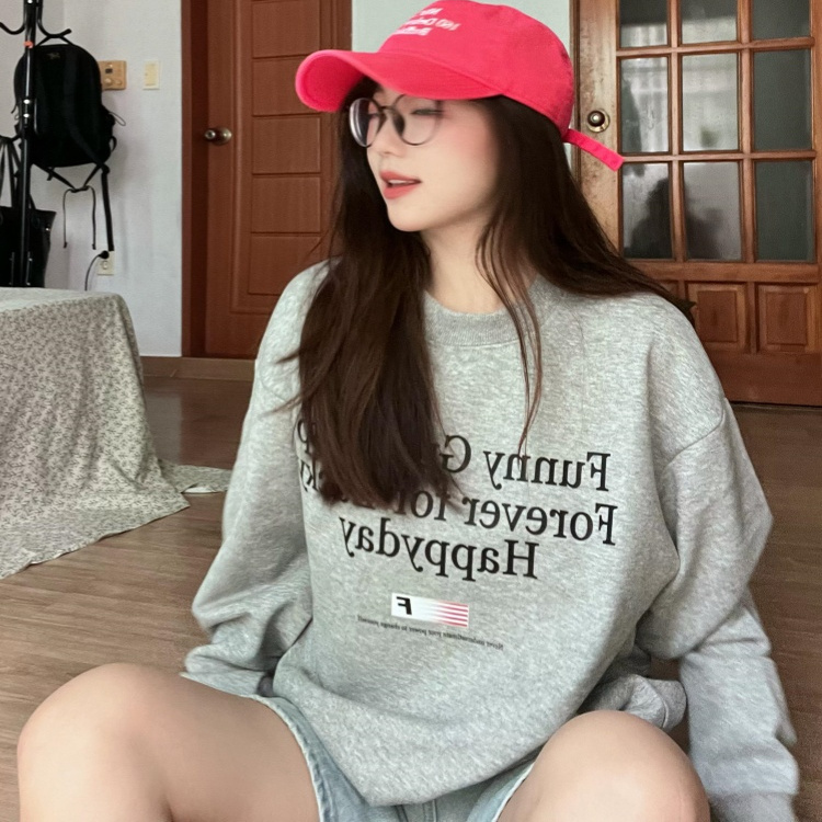 【现货】灰色英字母印花带帽卫衣女秋2025新款慵懒风连帽美式上衣